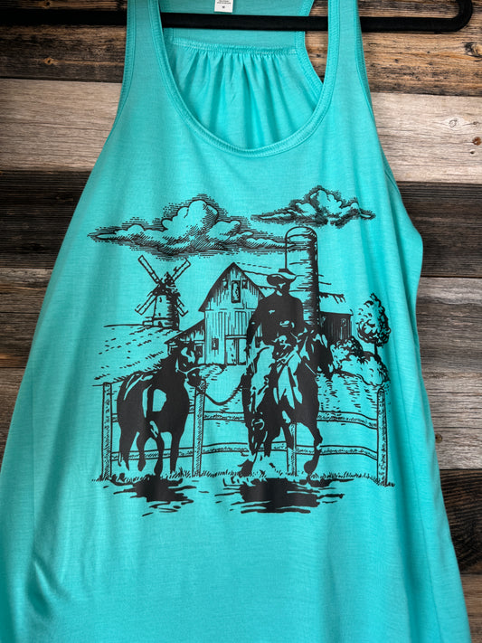 Cowboy Ponying Horse with Barn and Windmill Screen Print Transfer- Black